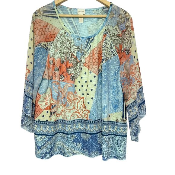 Chicos Boho Kimono Sleeve Top Womens Size 3 Blue Mix Print Lightweight Ethereal - Picture 2 of 12